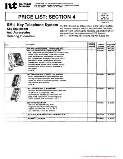 NT Price List No. 10 Jan81 - Section 4 - SM-1 Key Telephone System
