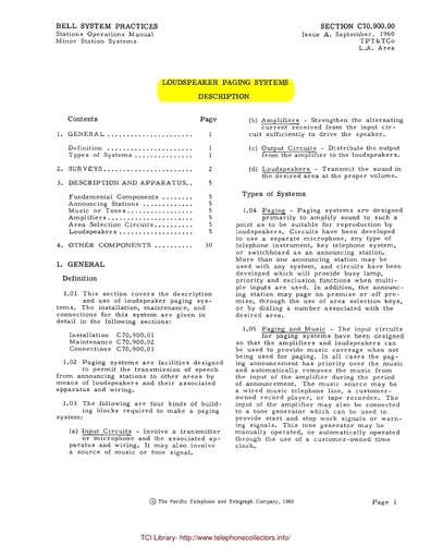 C70.900 00   LOUDSPEAKER   PAGING   SYSTEMS   DESCRIPTION   Issue A  September 1960 tci  ocr