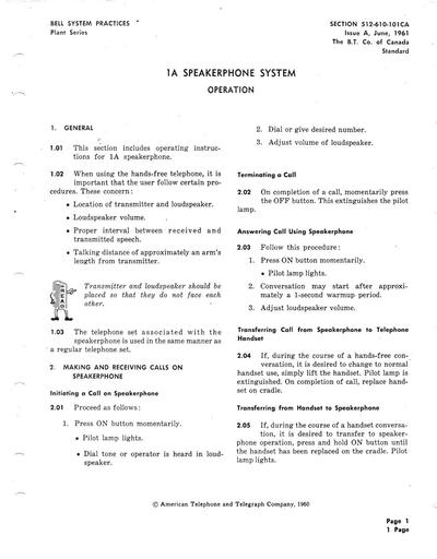 512-610-101CA iA Jun61 - 1A Speakerphone System - Operation