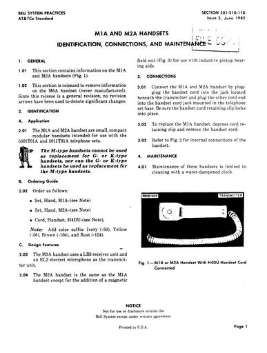 501-210-110 i3 Jun82 - M1A and M2A Handsets - ID, Conn & Maint