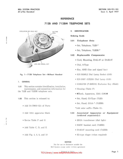 502-701-101 i3 apr 1977 712b and 712bm telephone sets