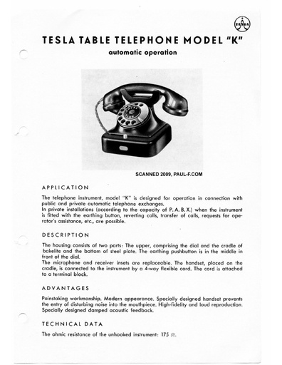 Tesla Table Telephone Model "K" - Automatic Operation