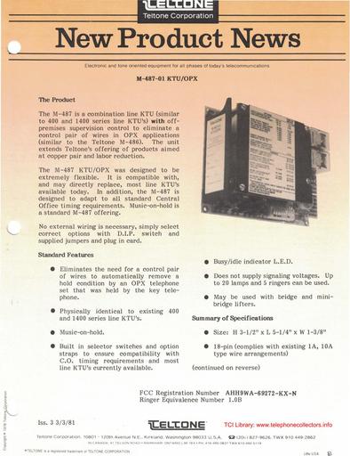 Teltone M-487 New Product News i3 Mar81