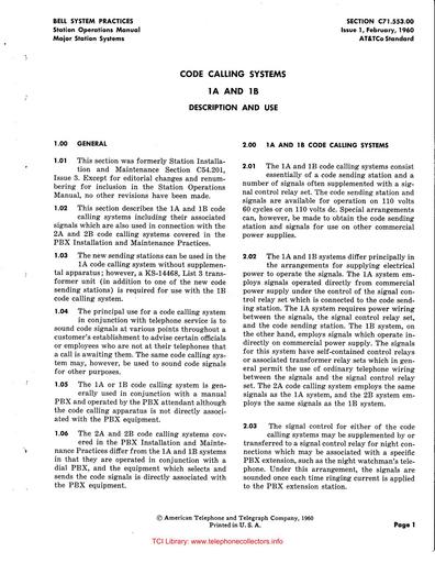 C71.553.00 i1 Feb60 - 1A 1B Code Calling Systems - Description and Use