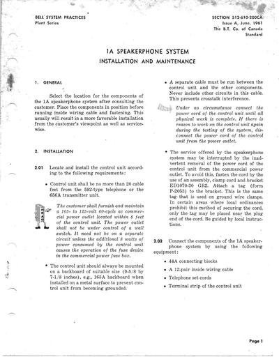 512-610-200CA iA Jun61 - 1A Speakerphone System - Installation, Maintenance