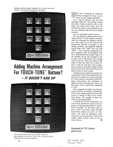 66oct NJ Bell p26 - Adding Machine Arrangement for Touch-Tone Buttons