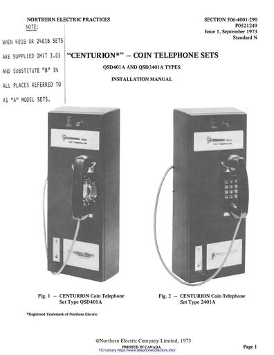 506-4001-290 i1 Sep73 - CENTURION Coin Tel Sets - QSD401A QSD2401A Installation