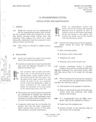 512-610-200CA iB Jul71 - 1A Speakerphone System - Installation, Maintenance