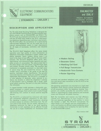 SC Brochure 1967 TD-4510 Wall Telephone 010915