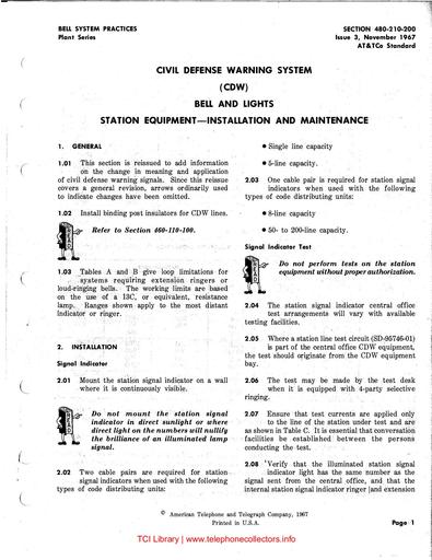 460-210-200 i3 Nov 1967 Civil Defense Warning System Station Equipment-Installation and Maintenance