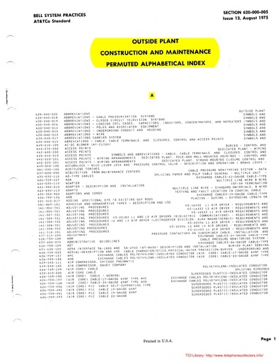 620-000-005 i13 Aug75 - Outside Plant - Construction and Maintenance - Permuted Alphabetical Index