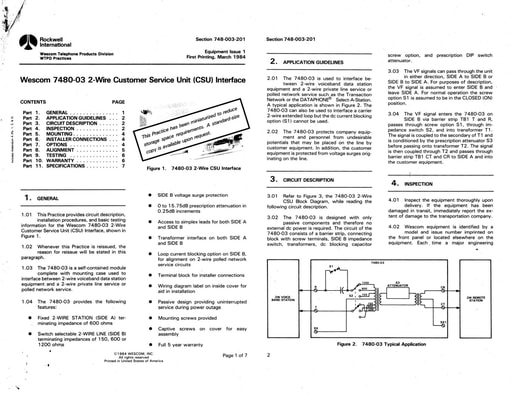 Wescom 748-003-201 I1 Mar84 - 7480 03 2 Wire CSU Interface