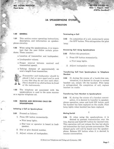 512-620-101 i1 Aug60 - 3A Speakerphone - Operation And Supplement