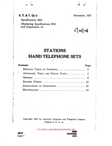 AT&T Spec 4810, Dec 1927 - Stations Hand Telephone Sets