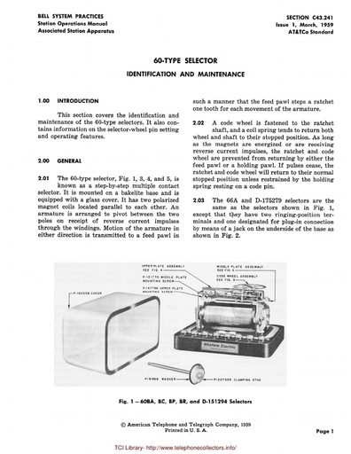 C43.241 60 TYPE SELECTOR   IDENTIFICATION AND MAINTENANCE   Issue 1   March 1959 tci  ocr