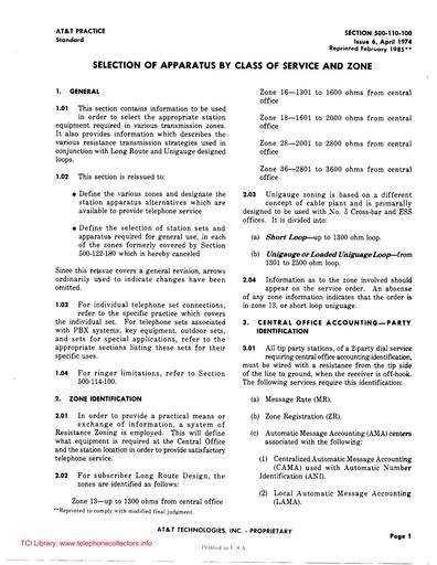 500-110-100 i6 Apr74 - Selection of Apparatus by Class of Service and Zone