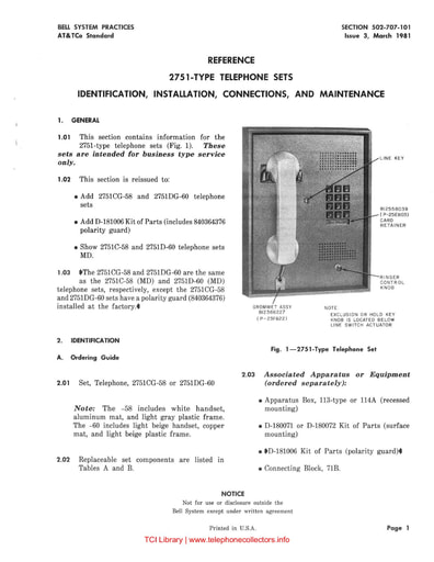 502-707-101 i3 mar 1981 reference 2751 type telephone sets