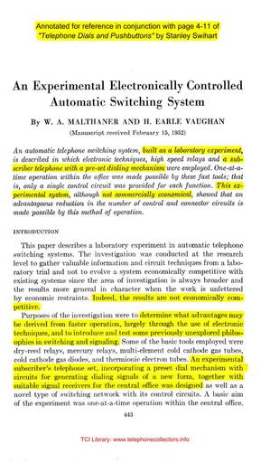52may BSTJ p443 - Experimental Electronically Controlled Auto Switching Sys - with "Essex" Subscriber Set - Annotated