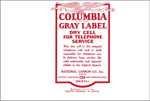 Battery Label 7 - Columbia Gray Label 1923