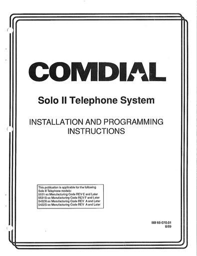 Comdial IMI 66-070.01 Solo II - Attendant Position Installation & Programming Instructions bc