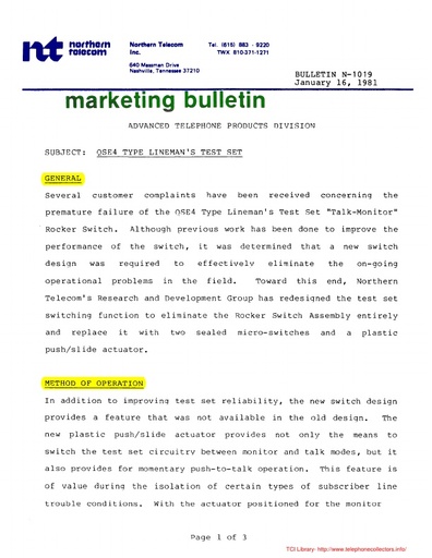 NT Marketing Bulletin N-1019 - QSE4-type Linemans Test Set - Switch Failure - 01-16-81