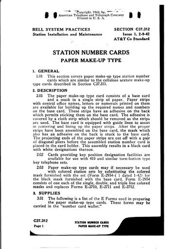 C37.312 i1 Feb42 - Station Number Cards Paper Make-Up Type