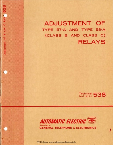 AE TB 538 i3 1961 - Adjustment of Type 57 A and Type 58 A Relays