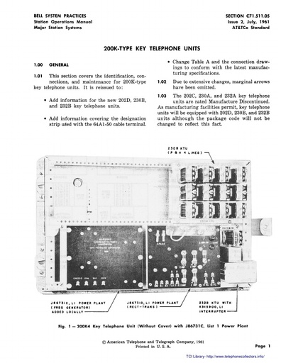 C71.511 05 200K Type Key Telephone Units   Issue 2 July 1961 tci ocr