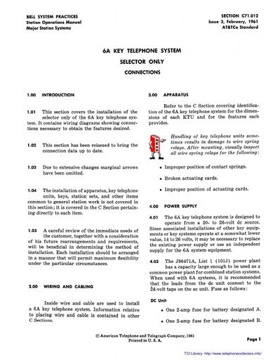 C71.012 6A Key Telephone System   Selector Only   Connections   Issue 3 February 1961 tci ocr