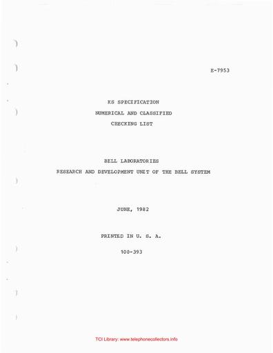 82 - BTL 100-393 Jun82 - KS Specification Index