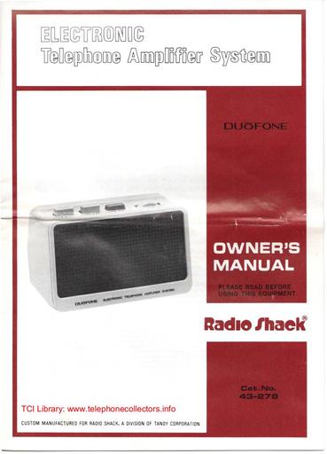Radio Shack Duophone Telephone Amplifier Owners Manual