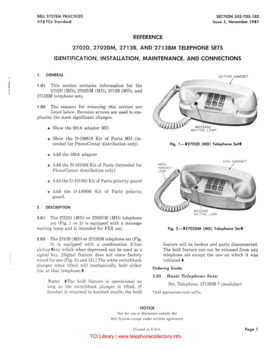 502-703-103 i5 nov 1981 reference 2702d 2702dm 2713b and 2713bm telephone sets
