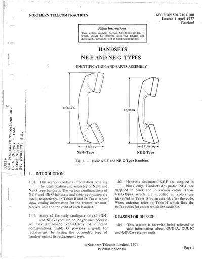501-2101-100 Apr 77 - NTP - Handsets NE-F NE-G - ID