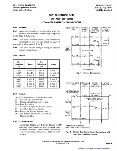 C71.347 Key Telephone Sets   540 and 560 Series   Common Battery   Connections   Issue 3 July 1959 tci ocr
