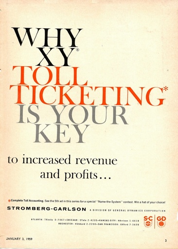 Stromberg Carlson 1959 Ad Blitz - XY Toll Ticketing - Telephony 1/3/59