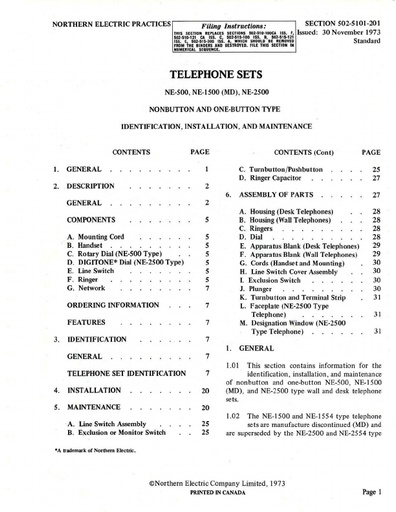 NEP 502-5101-201 dated November 1973 Telephone Sets NE 500 NE 1500 MD  NE 2500 Identification Installation Maintenance ocr