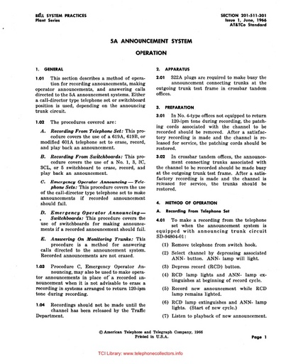 201-511-301 i1 Jun66 - 5A Announcement System - Operation