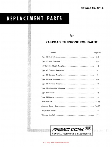 AE Circular 1791-B Aug59 - Replacement Parts for Railroad Telephone Equipment