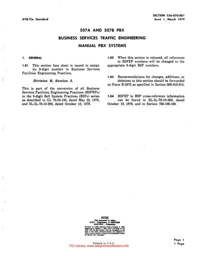 536-070-001 i1 Mar79 - 507 PBX - Traffic Engineering
