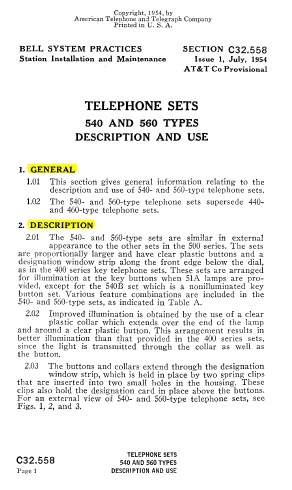 C32.558 i1 Jul54 - 540 And 560-Type Telephone Sets Description~Use